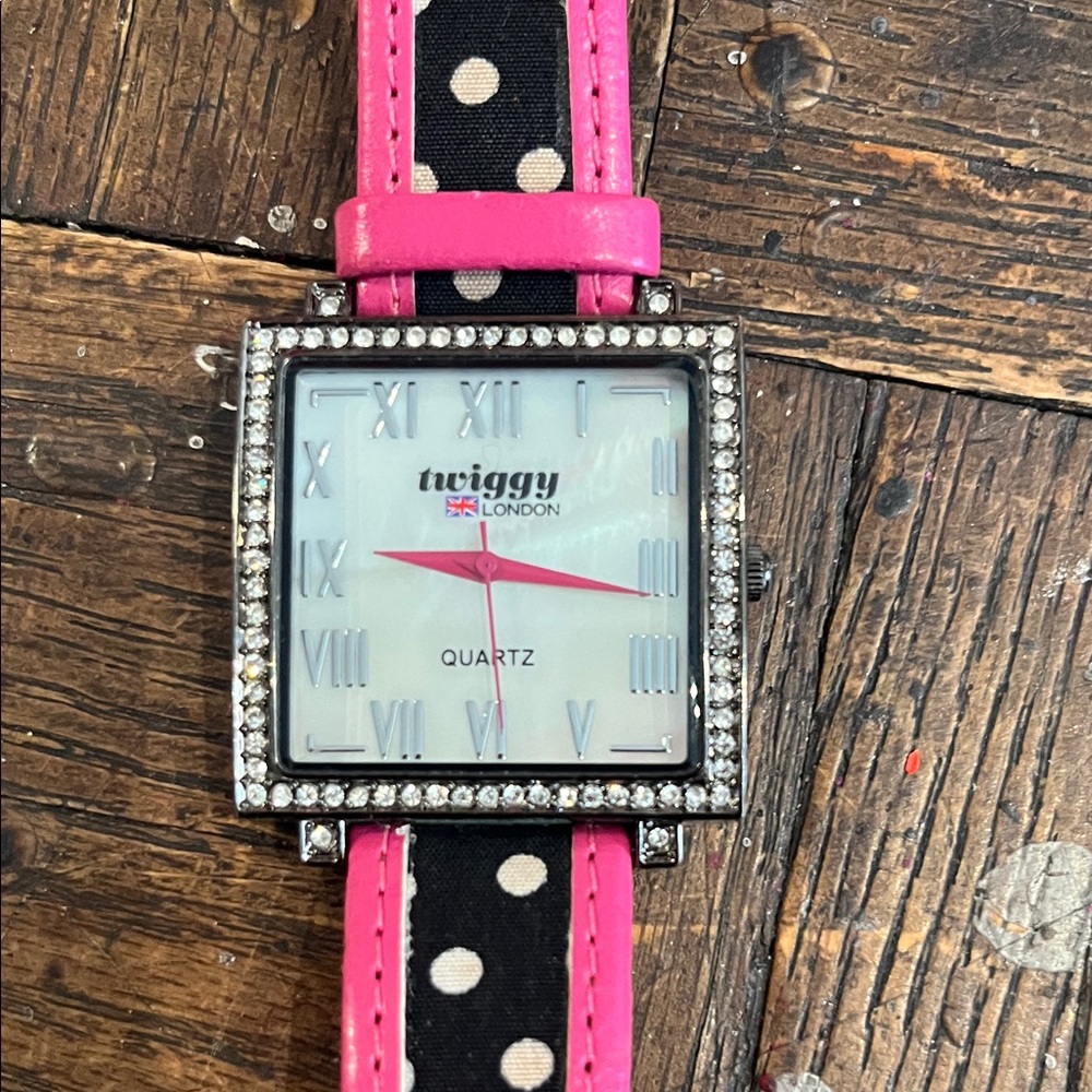 TWIGGY OF LONDON Pink and Black Polka Dot Crystal Square Watch